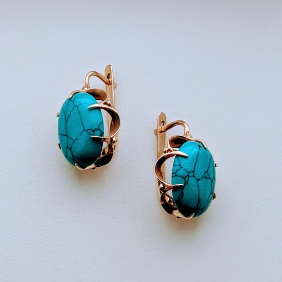 LARGE Russian Russia 14K Rose Pink Gold Turquoise Cabochon Pierced Earrings - Picture 4 of 15